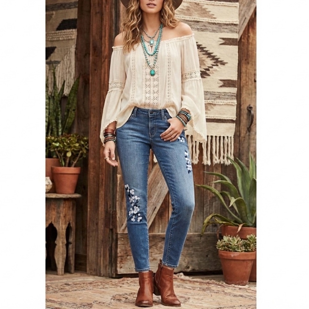 GAP Girlfriend Coupe Jeans with Floral Embroidery - Picture 2 of 7